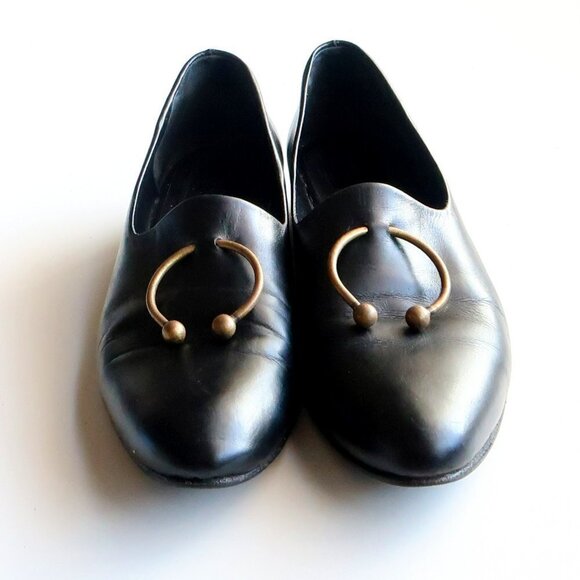 Freda Salvador Black Leather Low Heel Loafers Slip-on Shoes with Ring Detail - Picture 14 of 16
